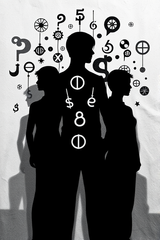Create a high-resolution abstract image of black and white silhouetted human figures with stylized numbers and symbols intertwined, using a Canon EOS R5 with an 85mm f/1.2 lens, shot at f/2.8, ISO 100, and a shutter speed of 1/200s, in a vertical composition with soft diffused lighting to enhance texture and depth.