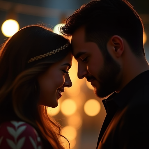 portrait of a couple with foreheads touching in front of soft glowing lights, soft focus, f/1.8 aperture, 50mm lens, ISO 200, warm color tone, shallow depth of field, evening lighting, DSLR camera