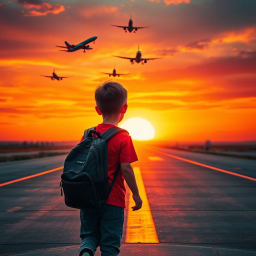 a young boy with a backpack walking away from the camera on an airport runway at sunset with planes flying overhead, vibrant colors, high saturation, shot with a Canon EOS R5, 35mm lens, f/2.8, ISO 200, sunset lighting, wide-angle view, digital art style