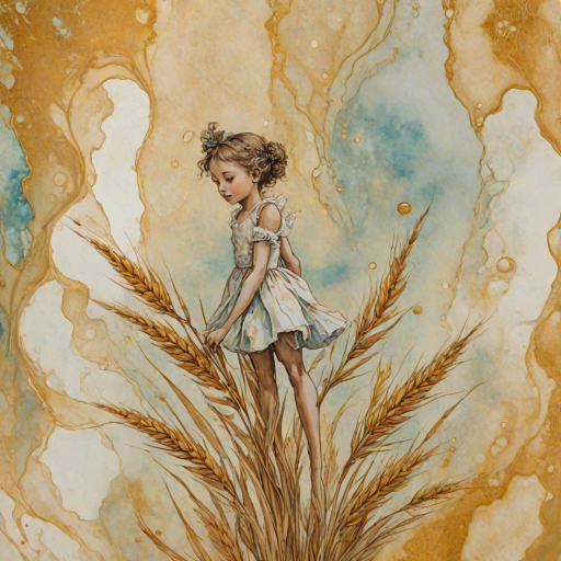 Soft, muted Alcohol Ink with ebru effect background image of tiny whimsical gazalle, who climbed high on the top of a golden rye ear.