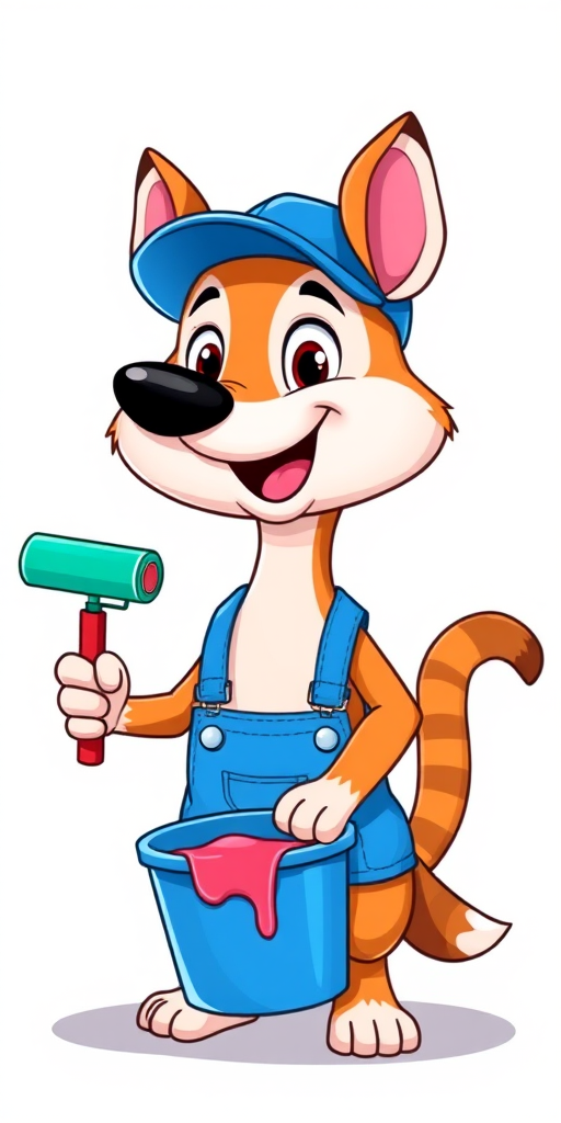 Create a vibrant cartoon character illustration of a playful animal in a blue cap holding a paint roller and a bucket, with a cheerful expression, against a simple background, using a DSLR camera with a 50mm lens, f/1.8 aperture, ISO 200, and soft natural lighting.