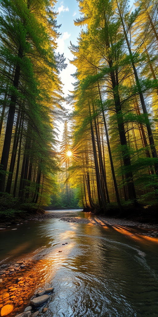 Create an image of a serene, sunlit forest scene with a clear, gently flowing river. Tall trees with lush green foliage line both sides of the river, their leaves bathed in the warm golden light of the setting or rising sun. The sunlight filters through the trees, casting soft, dappled light on the river, which flows over smooth rocks and pebbles, creating a peaceful, natural atmosphere. The sky is bright with a few scattered clouds, and the overall mood is tranquil, evoking a deep sense of connection with nature. The image captures the beauty of a calm, pristine forest landscape at either dawn or dusk.