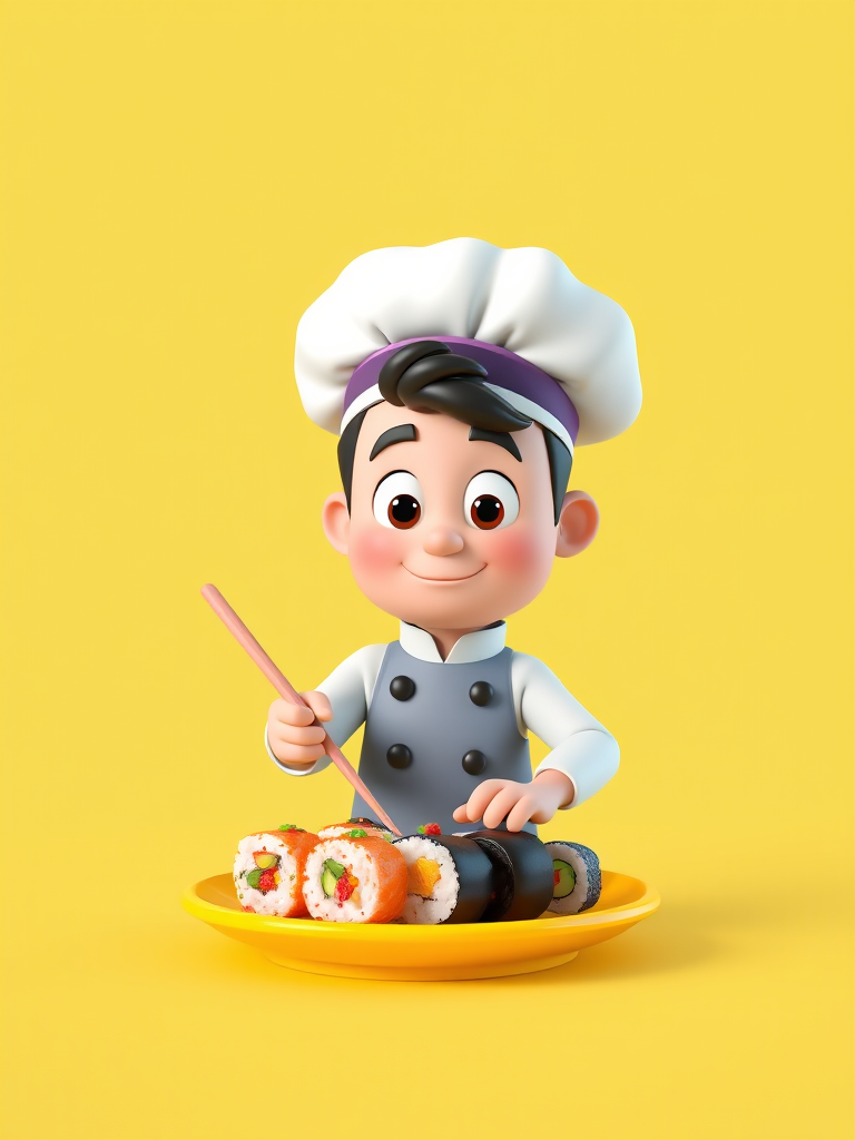 Create a 3D render of a cartoon chef character with a chef hat, preparing sushi on a vibrant yellow plate, lens: 50mm, aperture: f/1.8, ISO: 100, lighting: soft box, style: hyper-realistic, camera type: DSLR, composition: centered with a white background for clarity.
