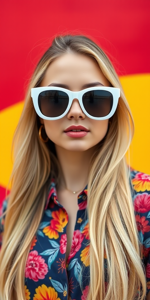 portrait of a fashionable woman with long blonde hair wearing oversized white sunglasses and a colorful floral shirt against a vibrant red and yellow background, taken with a Canon EOS R5, 50mm lens, f/1.8, ISO 100, soft diffused lighting for enhanced clarity and depth.