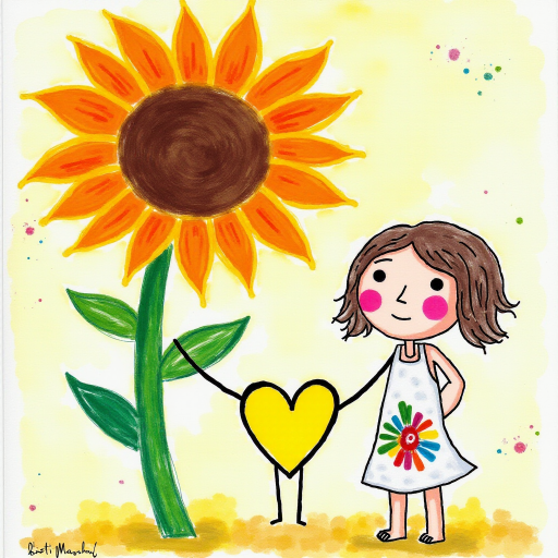 Stylized impressionism painting of a large sunflower with an oversized center and colorful petals. Beside, a young female character with eyes represented by dots and a mouth by a line, pink cheeks, hair attached, arms and legs a black line, flowery white dress triangle shape. A yellow heart surrounded by a black line between the two. Textured background with touches of colorful paint. Childish style.