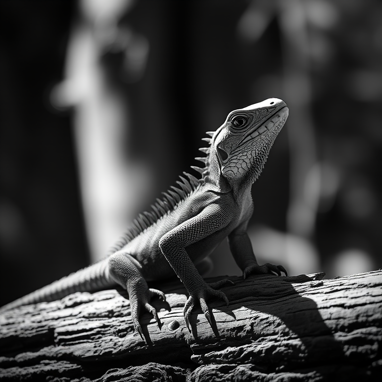 Create a high-resolution black and white image of an iguana perched on a textured log with a shallow depth of field, using a DSLR camera with a 50mm lens at f/1.8, ISO 100, and shutter speed 1/250s, capturing soft lighting from one side for dramatic shadows.