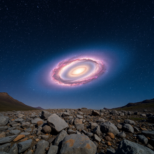 Create a high-resolution cosmic landscape featuring a swirling galaxy against a backdrop of stars, with rocky terrain in the foreground, captured with a DSLR camera, 24mm focal length, f/2.8 aperture, ISO 100, 30 seconds exposure, using long exposure photography techniques for enhanced detail and vibrant colors.