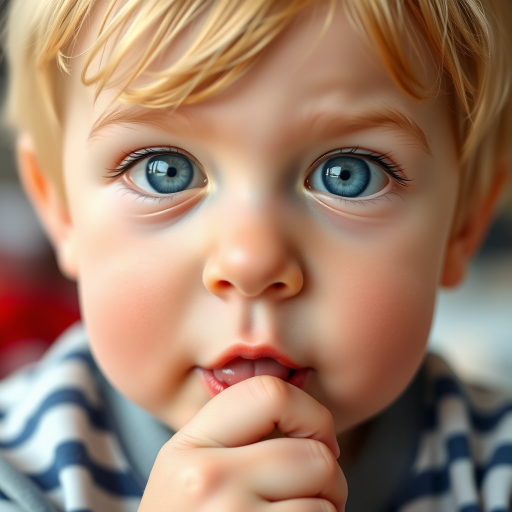 closeup of an adorable toddler with short blonde hair, shining blue eyes, putting their thumb in their mouth,