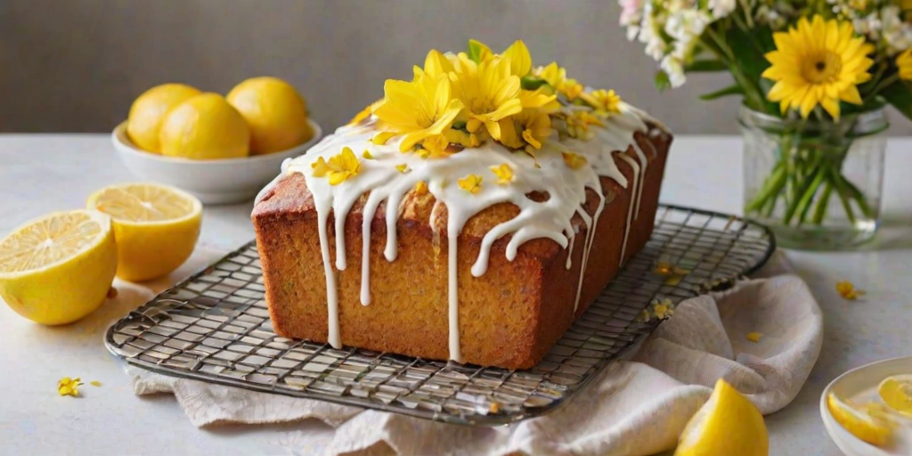 Create a vibrant and inviting image of a lemon loaf cake on a cooling rack. The cake should be topped with a generous layer of whipped cream, adorned with fresh lemon slices, almond slivers, and edible flowers. Surround the cake with scattered lemon slices, a small bowl of lemon curd, and a few bright yellow flowers for a cheerful presentation. Use soft, natural lighting to enhance the freshness of the ingredients.