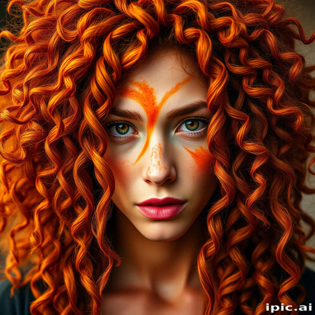 Fiery copper ringlets frame the face in a wild, untamed mane that reaches the shoulders, with streaks of golden sunbursts woven throughout, embodying the spirit of a passionate flame dancer called Ember Spiral