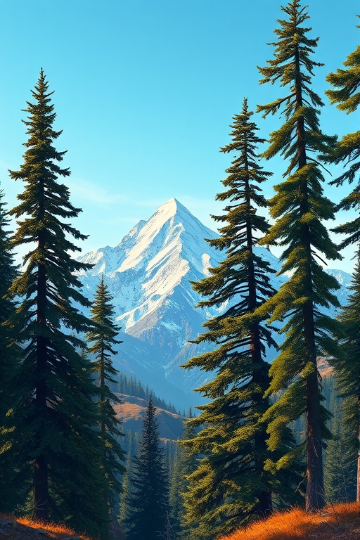 Generate a vibrant landscape illustration featuring tall pine trees in the foreground, majestic snow-capped mountains in the background under a clear blue sky, using a digital art style with a high-resolution quality, wide-angle view, soft lighting, and a tablet painting technique.