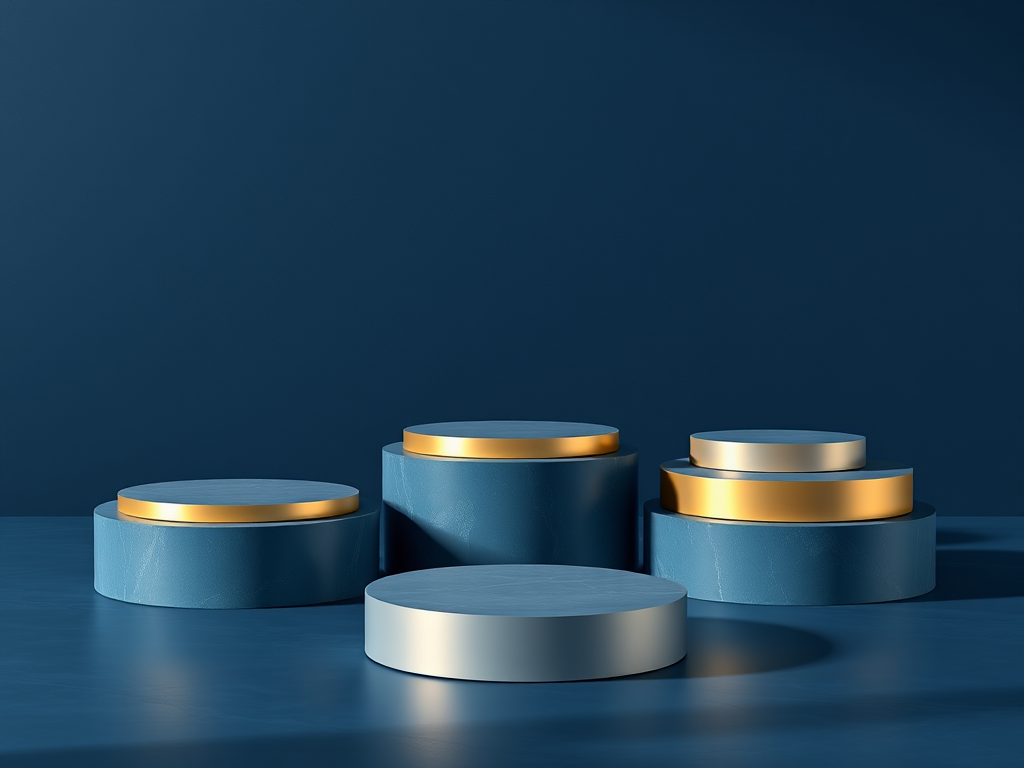 Create a high-resolution 3D rendering of four circular pedestals with metallic gold accents against a textured navy blue background, using a DSLR camera with a 50mm lens, f/1.8 aperture, ISO 100, and soft natural lighting for a dramatic effect.