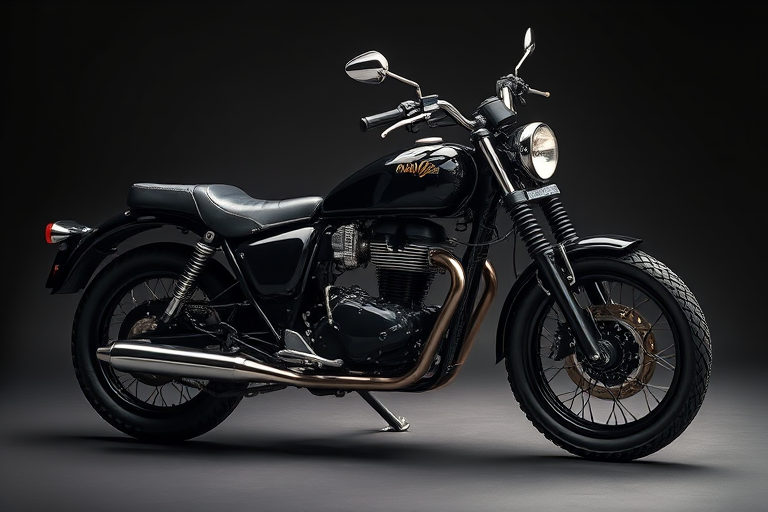 Generate an image of a vintage motorcycle with a sleek black design, taken with a DSLR camera at f/2.8 aperture, ISO 100, 1/500 sec shutter speed, in a 45-degree angle view, with studio lighting to enhance details and textures.