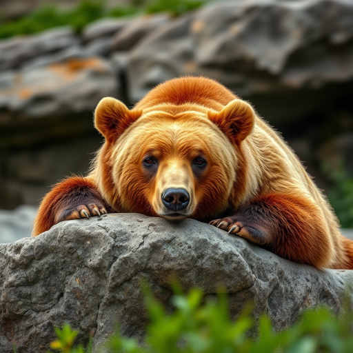 Capture a relaxed brown bear resting on a rock in a natural setting, using a Canon EOS 5D Mark IV, 85mm lens, aperture f/2.8, shutter speed 1/250s, ISO 400, shallow depth of field for a soft background blur, and taken at eye level to emphasize the bear's expression.