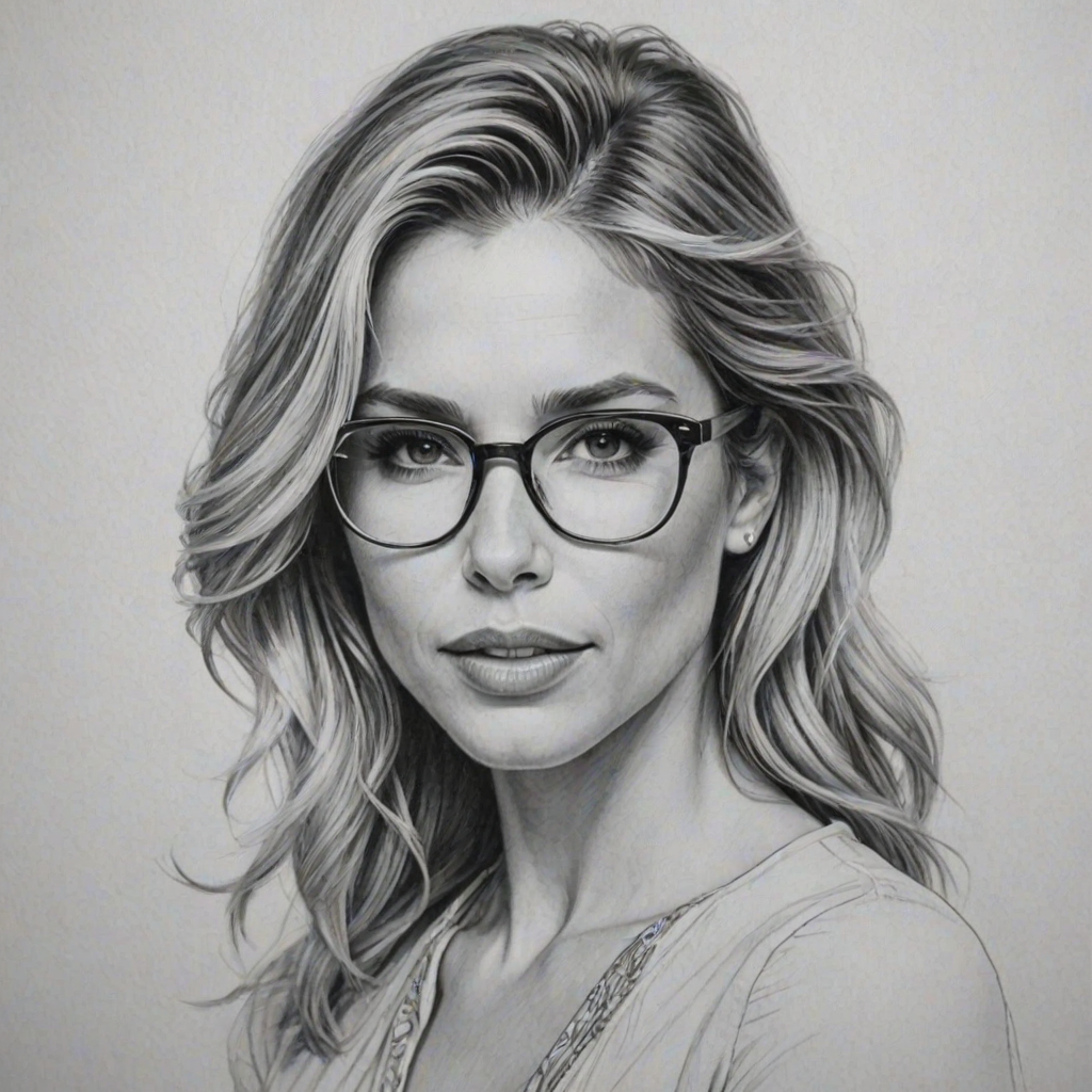 Superb Elsa Pataky, pencil sketch, portrait of Magnificent woman 1969s in glasses, hair style beatnik, outline, clear lines, fine lines, 8k