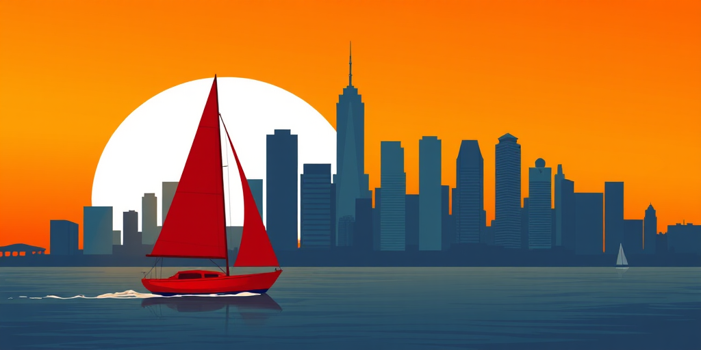 Create a minimalist digital illustration of a red sailboat in front of a stylized city skyline during sunset, with a vibrant orange sky, using a 50mm lens, f/8 aperture, ISO 100, in a high-resolution digital painting style.