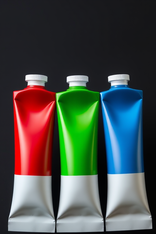 create a high-resolution image of three paint tubes in vibrant colors (red, green, blue) arranged in a row on a black background, using a DSLR camera with a 50mm lens at f/1.8 aperture, ISO 100, and a shallow depth of field to enhance detail and color saturation.