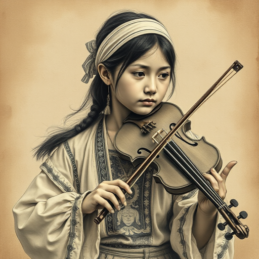 a young Kyrgyz woman with a white headband playing a violin, in the style of a charcoal drawing, sepia grunge background
