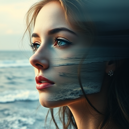 this image is Book cover, A surreal double exposure portrait that blends a woman's face with a beautiful seascape. The overall mood is dreamy and mystical, with rich colors and intricate details