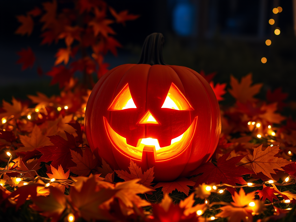 A glowing jack-o-lantern surrounded by colorful autumn leaves and warm fairy lights in a dark outdoor setting.