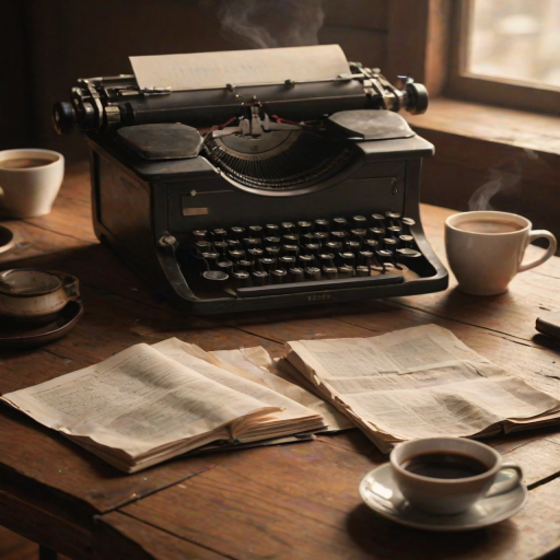 Warmly lit photo of a vintage typewriter on a wooden desk, with crumpled pages scattered around and a steaming cup of coffee nearby, soft light illuminating the scene.