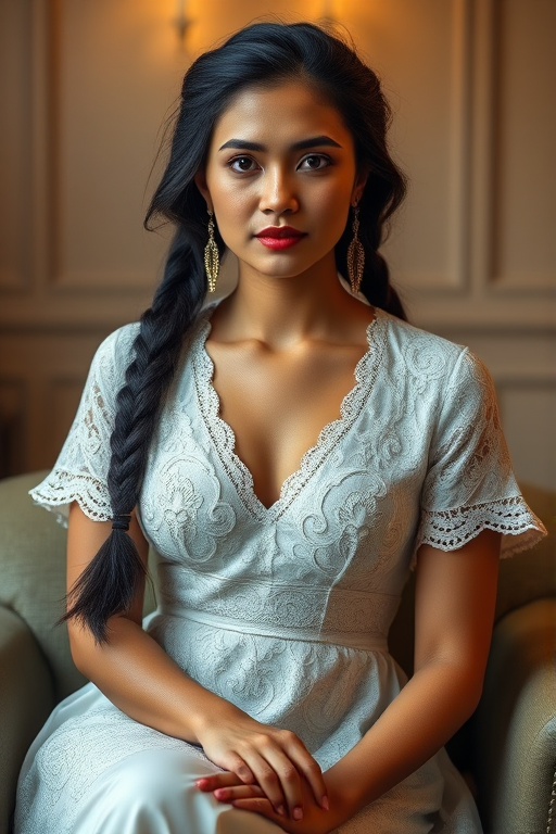 Create a portrait of a refined and elegant Cambodian woman seated in a sophisticated setting. She has long, wavy hair styled in two thick braids that are pulled over her shoulders. She wears a white, lace gown with intricate patterns, featuring a deep V-neckline and short sleeves. The dress exudes a vintage charm with its delicate lacework. She is adorned with ornate, dangling earrings that add a touch of glamour to her appearance. The background is softly lit, with warm, ambient lighting that creates a cozy and inviting atmosphere. Her expression is poised and serene, capturing a sense of grace and elegance.