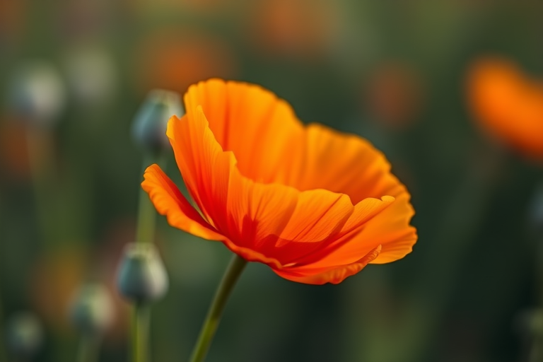 Close-up shot of a vibrant orange poppy flower in a soft-focus field, aperture f/2.8, shutter speed 1/200 sec, ISO 100, macro lens, natural light, taken with a DSLR camera.