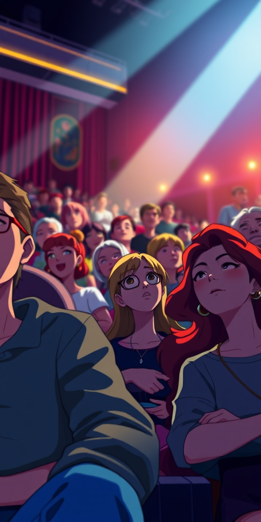 anime style illustration of a movie theater audience with diverse characters enjoying a film, bright theater lights shining, vibrant colors, depth of field effect, camera settings: f/2.8, ISO 400, shutter speed 1/60, camera view: wide-angle, camera style: cinematic, camera type: DSLR