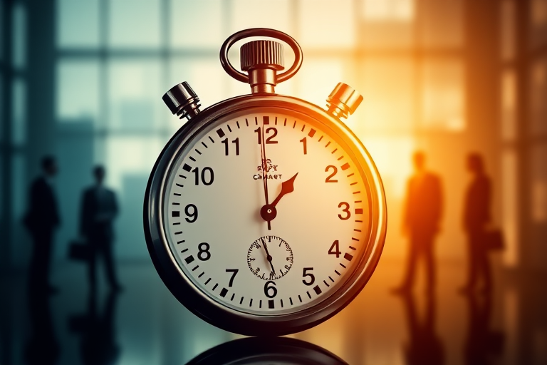 Create an image of a stopwatch with an abstract background, featuring silhouettes of business professionals in formal attire, shot with a DSLR camera at f/4, ISO 200, 1/125 sec, using a wide-angle lens at 24mm to enhance depth and clarity.