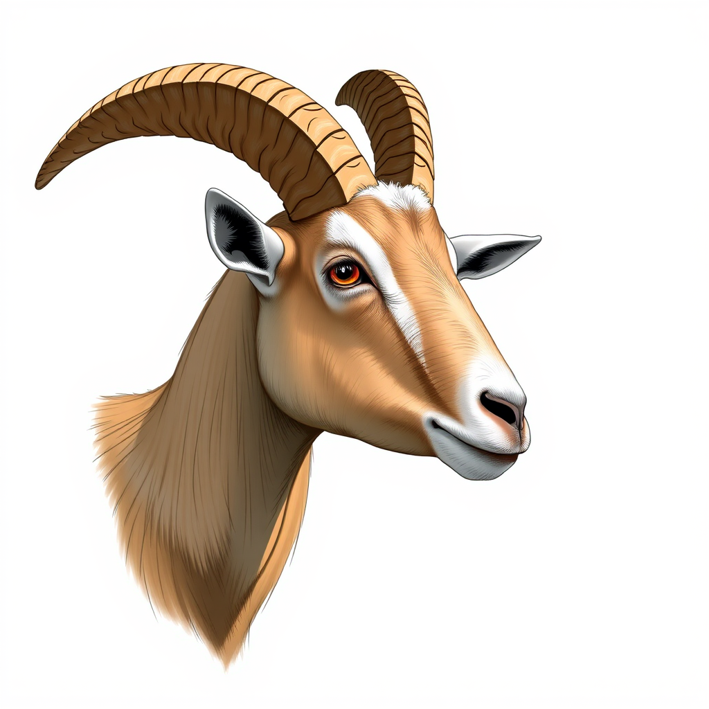 Create a detailed illustration of a majestic goat with large curled horns, capturing its strong physique and expressive eyes, using a DSLR camera at f/2.8, 1/250 sec, ISO 100, with a shallow depth of field to enhance clarity and focus, in a side view setting against a plain background to emphasize the subject.