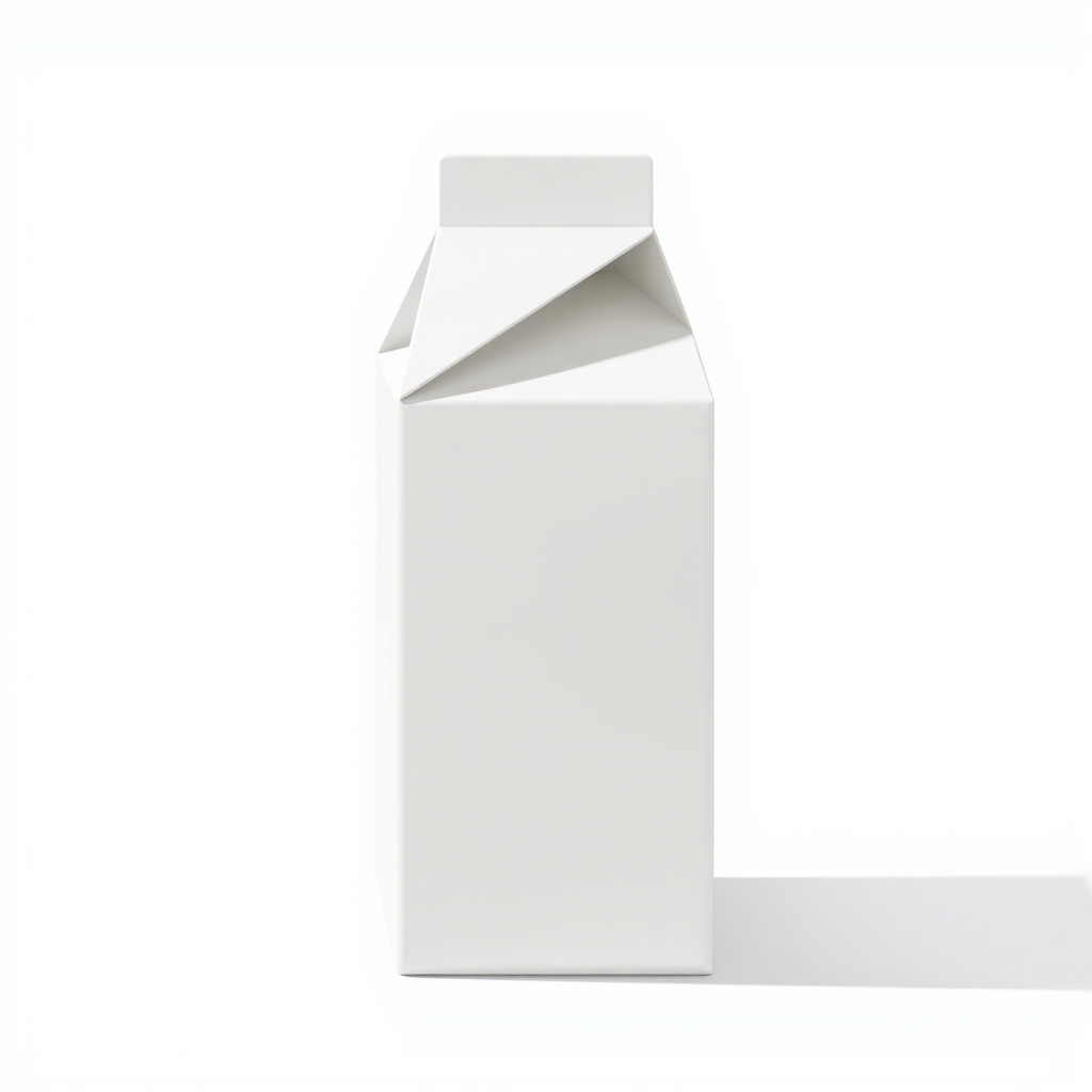 Create a high-resolution illustration of a plain milk carton with a minimalist design, using a 50mm lens, f/2.8 aperture, 1/100 sec shutter speed, and natural lighting, shot from a slightly elevated angle to capture detailed textures.