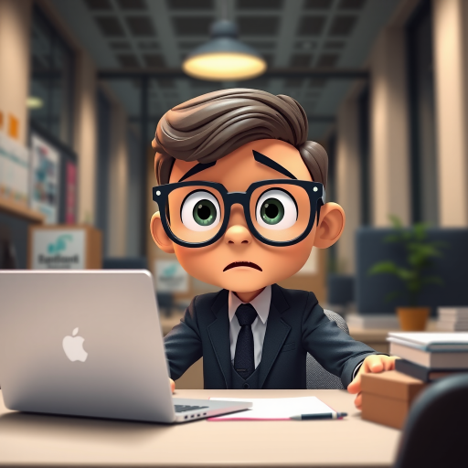 create an image of a cartoon character in a suit with glasses, looking surprised at a laptop, office setting, use a digital illustration style, 4K resolution, wide-angle view, f-stop 4.0, ISO 100, shutter speed 1/60 sec
