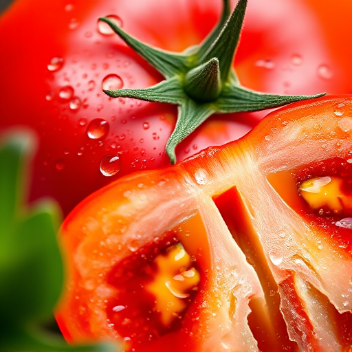 Create a hyper-realistic image of a fresh red tomato with droplets of water on its surface and a sliced piece showing its juicy interior, shot in macro view with a DSLR camera, aperture set to f/2.8 for shallow depth of field, ISO 100 for maximum clarity, and a natural light source for enhanced color vibrancy.