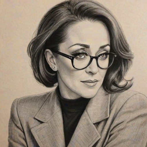 Charming Patricia Heaton, pencil sketch, portrait of Exquisite woman 1931s in glasses, hair style beatnik, outline, clear lines, fine lines, 8k