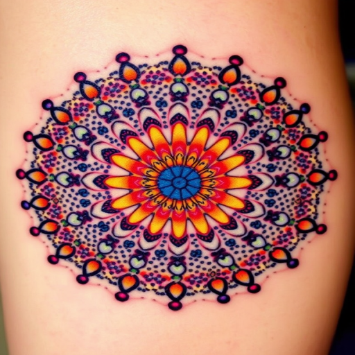 Vibrant dotwork mandala tattoo named "Kaleidoscope Bloom" featuring a mesmerizing circular pattern composed entirely of tiny, colorful dots that radiate outward from a central point, creating a three-dimensional effect that seems to pulsate and shift as the eye moves across the intricate design, resulting in a hypnotic and visually stunning piece of body art