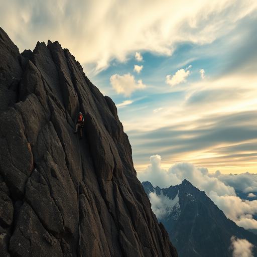 Mountain climber scaling a steep rock face with a dramatic sky in the background, captured with a Canon EOS R5, 24mm lens, f/8 aperture, ISO 100, shutter speed 1/500 sec, wide-angle view, high-resolution photograph.