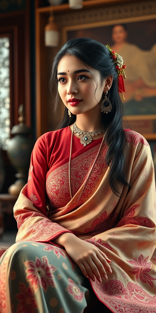 A beautiful Bangladeshi woman in traditional East Asian attire, intricately detailed with embroidered patterns, sitting gracefully in a richly decorated room, soft ambient lighting, serene and elegant, ultra-realistic, 8K resolution