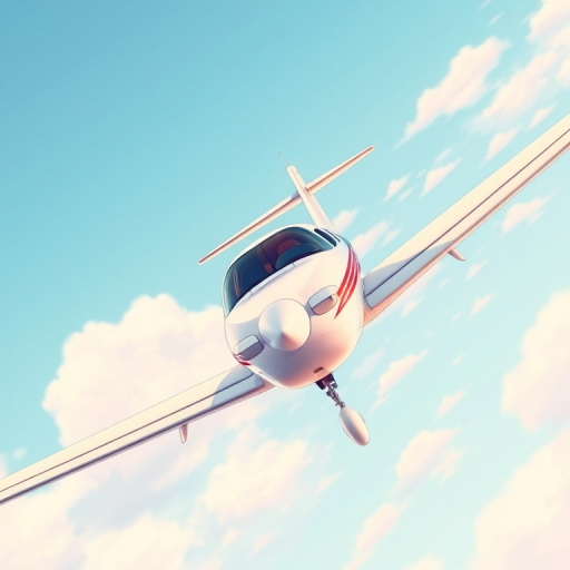 Create an illustration of a small private aircraft in flight from a low-angle view, using vibrant colors and a clean, modern aesthetic, with a 35mm lens, f/8 aperture, ISO 100, and soft lighting to enhance clarity and detail.