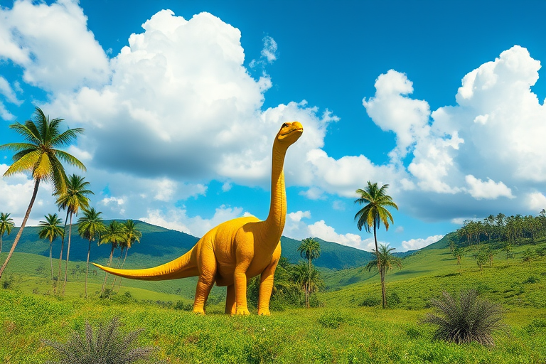 A vibrant dinosaur scene featuring a bright yellow sauropod in a lush prehistoric landscape with green hills, palm trees, and a blue sky with fluffy white clouds, captured with a DSLR camera at f/8, ISO 100, 24mm lens, in natural light for enhanced image quality.