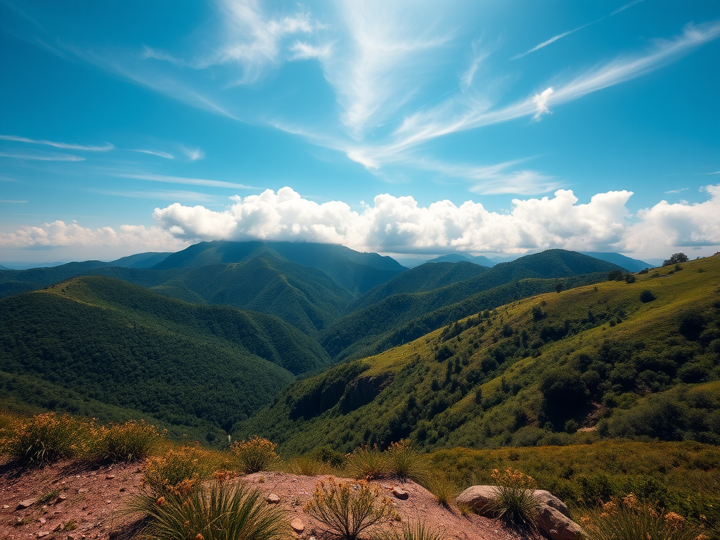 Create a high-resolution landscape image of a scenic mountain view with lush green hills under a clear blue sky, featuring dramatic clouds rolling over the peaks, captured with a wide-angle lens at f/8, ISO 100, shutter speed 1/200s, using a DSLR camera from a low angle perspective for an expansive view of the terrain.