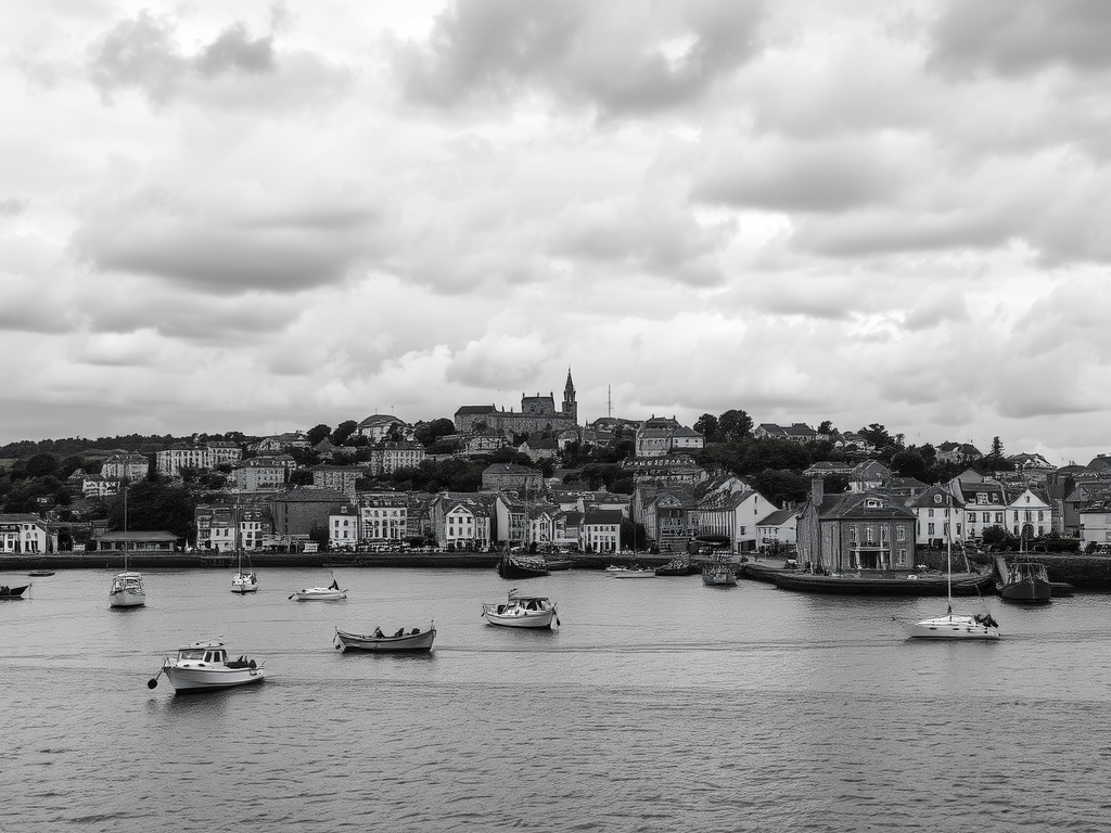 regenerate the image of a coastal town with boats in the water under a cloudy sky, taken with a DSLR camera, 50mm lens, aperture f/8, ISO 200, shot from a mid-range perspective to enhance detail and contrast in black and white.