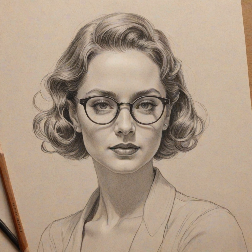 Splendid Cristina Ricci, pencil sketch, portrait of Enchanting woman 1931s in glasses, hair style beatnik, outline, clear lines, fine lines, 8k