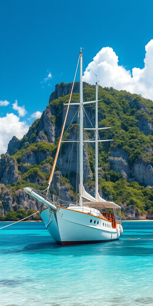 regenerate an image of a majestic white sailing ship anchored near a tropical beach with crystal clear water, surrounded by lush green cliffs and bright blue sky with fluffy white clouds, in a vibrant and detailed style, shot with a DSLR camera at 24mm, f/8, ISO 100, with soft natural lighting to enhance color and clarity, using a wide-angle lens for depth and perspective.
