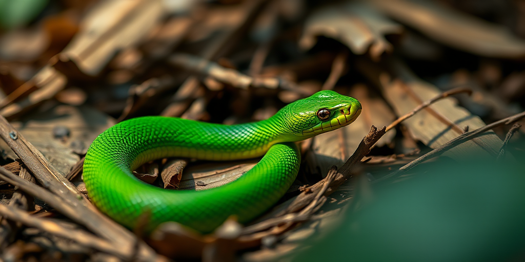 Regenerate an image of a green snake resting on dry leaves, using a DSLR camera, 50mm lens, aperture f/2.8, shutter speed 1/125 sec, ISO 200, in natural light with a shallow depth of field.