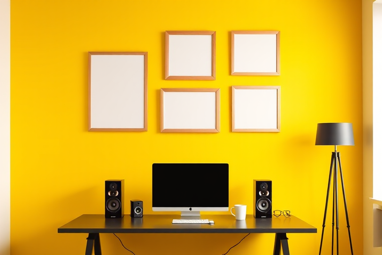 Create a modern home office scene with a bright yellow wall, featuring a sleek desk with a computer, speakers, a lamp, a cup, and glasses; include three empty picture frames on the wall and a floor lamp in the corner; shot with a DSLR camera at 24mm, f/2.8, ISO 100 for a vibrant, high-quality image.