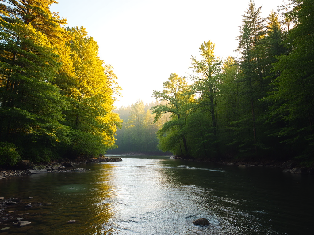 Create an image of a serene, sunlit forest scene with a clear, gently flowing river. Tall trees with lush green foliage line both sides of the river, their leaves bathed in the warm golden light of the setting or rising sun. The sunlight filters through the trees, casting soft, dappled light on the river, which flows over smooth rocks and pebbles, creating a peaceful, natural atmosphere. The sky is bright with a few scattered clouds, and the overall mood is tranquil, evoking a deep sense of connection with nature. The image captures the beauty of a calm, pristine forest landscape at either dawn or dusk.
