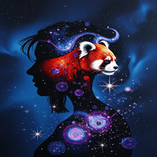 Captivating conceptual render alcohol ink art, double exposure, the paint strokes artfully merge combining a woman's full silhouette with a Radiant red panda's silhouette. The figures are composed of a series of colored dots, lines & spots that evoke the image of a cosmic galaxy, colors are deep shades of blue purple & black with flashes of white & silver representing distant stars. The woman's silhouette is formed within the lion's silhouette from constellations of scattered stars, surreal
