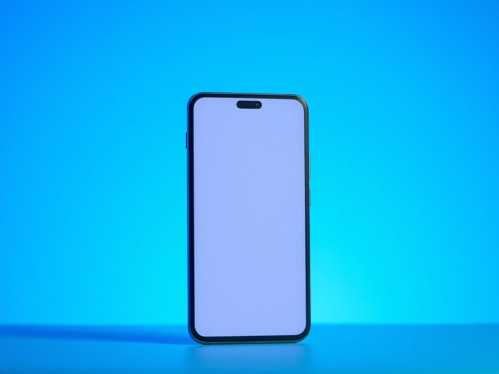 Create a high-resolution image of a sleek smartphone standing upright with a blue gradient background, camera settings at f/2.8 aperture, 1/100 sec shutter speed, ISO 200, camera view in portrait mode, using a DSLR camera with a soft focus style.