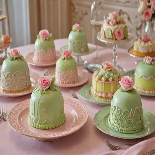 Generate an image of a beautifully arranged dessert display featuring dome-shaped cakes. The cakes are decorated with pastel-colored fondant, one in green and another in pink, each topped with a small rose. One cake is sliced to reveal layers of sponge cake, cream, and a layer of fruit filling. The cakes are placed on elegant plates with delicate designs, accompanied by forks and napkins. The setting is bright and inviting, highlighting the intricate details of the desserts.