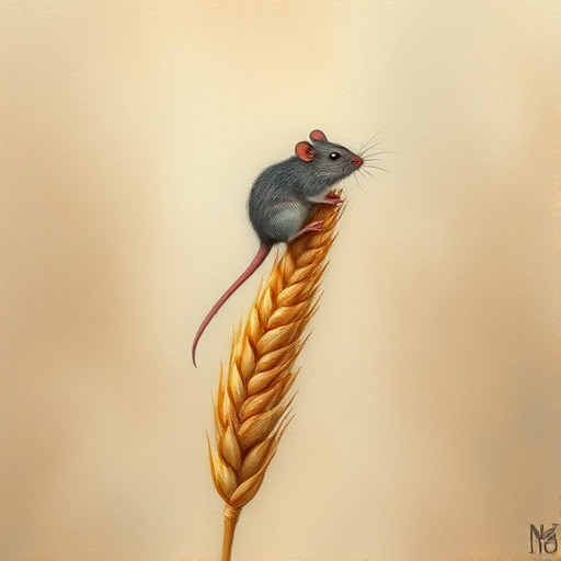 Soft, muted Alcohol Ink with ebru effect background image of tiny whimsical rat, who climbed high on the top of a golden rye ear.